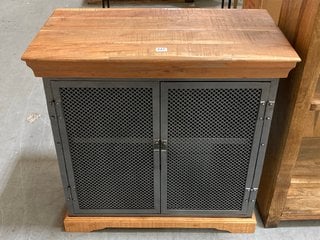 RUSTIC STYLE 2 DOOR STORAGE CABINET IN DISTRESSED NATURAL WOOD AND GREY IRON STYLE METAL FINISH: LOCATION - A5