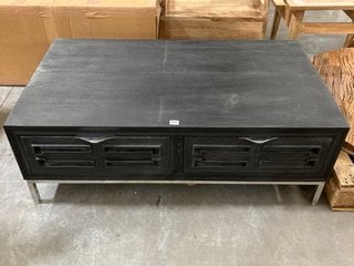 MODERN STYLE LARGE RECTANGULAR STORAGE COFFEE TABLE IN BLACKENED WOOD WITH CHROME BASE AND DRAWER HANDLES: LOCATION - A5