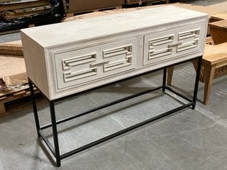 MODERN STYLE 2 DRAWER CONSOLE TABLE IN LIGHT DISTRESSED WHITEWASHED STYLE WOOD AND BLACK FRAME FINISH: LOCATION - A5