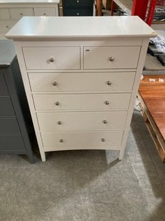 HASTINGS 6 DRAWER TALL CHEST IN LINEN WHITE AND SILVER NICKEL FINISH: LOCATION - C4