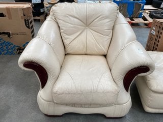 VINTAGE STYLE SCROLL ARM ARMCHAIR IN VINTAGE CREAM LEATHER WITH DARK WALNUT ARMS AND FEET: LOCATION - D7