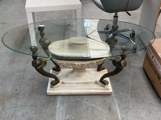 VINTAGE ART DECO STYLE OVAL COFFEE TABLE IN WHITE STONE MARBLE EFFECT AND ANTIQUE BRASS BASE WITH CLEAR GLASS TABLE TOP FINISH: LOCATION - D7