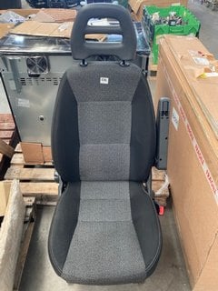 VAN DRIVERS SEAT ASSEMBLY UNIT AND BASE IN GREY AND BLACK FABRIC: LOCATION - A9