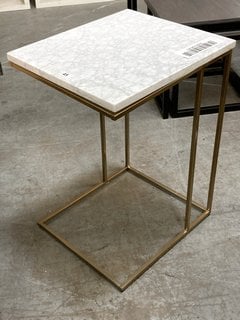 WEST ELM MODERN CONTEMPORARY STYLE SIDE TABLE IN WHITE MARBLE AND BRASS FINISH: LOCATION - B4