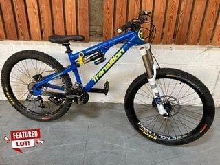 TRANSITION BOTTLEROCKET FULL SUSPENSION MOUNTAIN BIKE IN ELECTRIC BLUE AND YELLOW - RRP £3599: LOCATION - A9