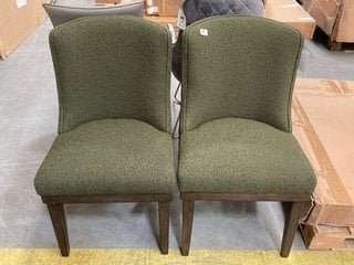 PAIR OF CONTEMPORARY STYLE BOUCLE UPHOLSTERED DINING CHAIRS IN FOREST GREEN AND DARK WOOD LEGS FINISH: LOCATION - B5