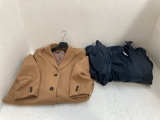 JOHN LEWIS & PARTNERS WOOL BLEND CROMBIE COAT IN CAMEL UK SIZE 14 TO INCLUDE RAIN JACKET IN NAVY UK SIZE 15-16 YEARS: LOCATION - BR10