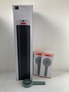 3 X JOHN LEWIS & PARTNERS 4 INCH RECHARGEABLE HANDHELD FAN IN GREEN TO INCLUDE 30 INCH TOWER FAN: LOCATION - BR11