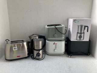 7 X ASSORTED JOHN LEWIS & PARTNERS KITCHEN ITEMS TO INCLUDE 2 SLICE TOASTER IN BLACK AND MILK FROTHER IN STAINLESS STEEL: LOCATION - BR12