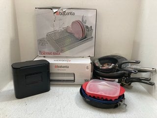 QTY OF ASSORTED KITCHEN ITEMS TO INCLUDE BRABANTIA ROLL TOP BREAD BIN AND 2 X TEFAL EMOTION INOX-STAINLESS STEEL FRYING PAN: LOCATION - BR14