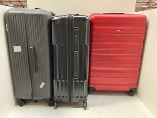 3 X ASSORTED LARGE SUITCASES TO INCLUDE JOHN LEWIS & PARTNERS 4-WHEEL HARD SHELL SUITCASE IN RED: LOCATION - AR6