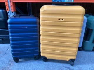 JOHN LEWIS & PARTNERS MEDIUM 4-WHEEL HARD SHELL SUITCASE IN YELLOW TO INCLUDE SMALL CABIN BAG IN NAVY: LOCATION - AR4