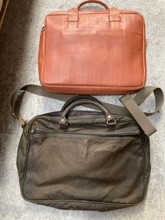 JOHN LEWIS & PARTNERS LEATHER LAPTOP BAG IN BROWN TO INCLUDE BARBOUR FABRIC LAPTOP BAG IN FOREST GREEN: LOCATION - AR2