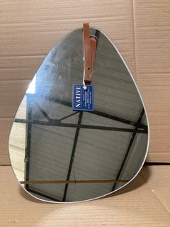 PEBBLE SHAPED MIRROR WITH BROWN LEATHER HANGING STRAP - RRP £90: LOCATION - BR4