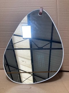 PEBBLE SHAPED MIRROR WITH BROWN LEATHER HANGING STRAP - RRP £90: LOCATION - BR4