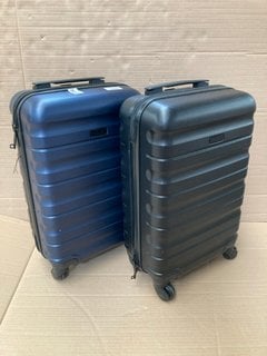 2 X JOHN LEWIS & PARTNERS SMALL CABIN SIZE HARD SHELL STYLE SUITCASES IN BLACK AND DARK METALLIC BLUE FINISHES: LOCATION - BR1