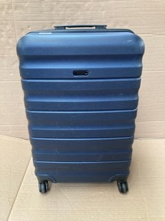 JOHN LEWIS & PARTNERS MEDIUM HARD SHELL STYLE WHEELED SUITCASE IN DARK METALLIC BLUE FINISH: LOCATION - BR1