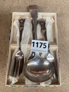 A PLATED CORONATION DESSERT FORK SET, 1953, BOXED, AND A HALLMARKED SILVER COLOURED LADLE SPOON: LOCATION - CR