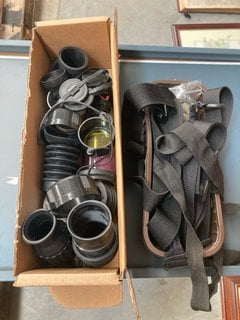 A BOX OF ASSORTED PHOTOGRAPHIC FILTERS AND LENS CAPS ETC: LOCATION - CR