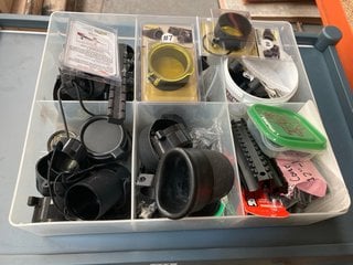 A BOX OF ASSORTED PHOTOGRAPHIC FILTERS AND LENS CAPS ETC: LOCATION - CR