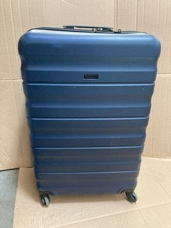 JOHN LEWIS & PARTNERS LARGE HARD SHELL STYLE WHEELED SUITCASE IN DARK METALLIC BLUE FINISH: LOCATION - BR10