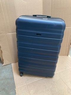 JOHN LEWIS & PARTNERS LARGE HARD SHELL STYLE WHEELED SUITCASE IN DARK METALLIC BLUE FINISH: LOCATION - BR10