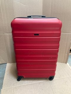 JOHN LEWIS & PARTNERS LARGE HARD SHELL STYLE WHEELED SUITCASE IN METALLIC RED FINISH: LOCATION - BR10