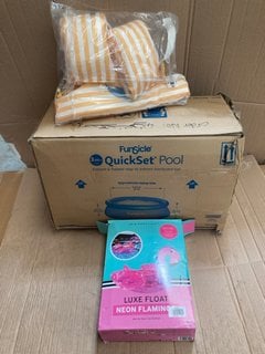 QTY OF ASSORTED OUTDOOR ITEMS TO INCLUDE FUNSICLE QUICK UP GARDEN POOL AND LUXE NEON FLAMINGO POOL FLOAT IN PINK: LOCATION - BR11