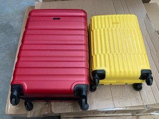 JOHN LEWIS & PARTNERS 2 X CABIN/MEDIUM SIZE HARD SHELL WHEELED COMBINATION LOCK SUITCASES IN YELLOW/RED: LOCATION - BR11