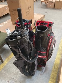 3 X ASSORTED GOLF BAGS TO INCLUDE RIFE AIR CHANNEL COOLER GOLF CADDY BAG IN NAVY/RED AND BLACK: LOCATION - BR8