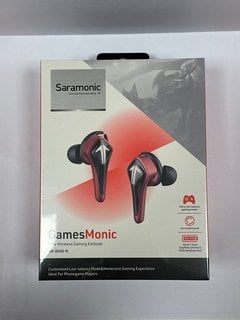 SARAMONIC GAMESMONIC BLUETOOTH 5.0 WIRELESS TWS WITH BUILT-IN MIC, CHARGING CASE, IPX5 WATER RESISTANCE, PREMIUM SOUND & ENHANCED BASS WIRELESS EAR BUDS (ORIGINAL RRP - £95) IN RED: MODEL NO SR-BH60-