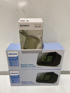 3 X SONY SRS-XB13 WIRELESS SPEAKER TAUPE AND PHILIPS 3000 SERIES CLOCK RADIO