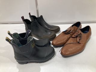 3 X LADIES JOULES WATERPROOF WELLINGTON ANKLE BOOTS BLACK UK 3 AND JOULES MENS RAINWELL WELLINGTON BOOTS BLACK UK 10 AND TAYLOR & WRIGHT LACE UP SHOES BROWN LEATHER UK 12 TOTAL RRP £133