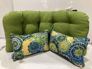 QTY OF ASSORTED ITEMS TO INCLUDE PILLOW PERFECT OUTDOOR FORSYTH WHICKER LOVERS CUSHIONS GREEN