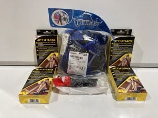 BOX OF ASSORTED ITEMS TO INCLUDE HONEYWELL MILLER TITAN 1P FALL ARREST HARNESS BLUE