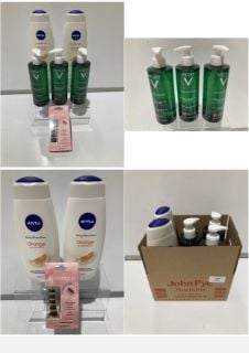 BOX OF ASSORTED ITEMS TO INCLUDE NIVEA CARING SHOWER CREAM ORANGE & AVOCADO OIL 500ML