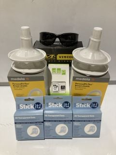 2 X BOXES OF ASSORTED ITEMS TO INCLUDE MEDELA PERSONAL FIT FLEX BREAST SHIELDS AND DSP 64GB MEMORY CARD