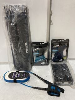 BOX OF ASSORTED ITEMS TO INCLUDE FCS II PERFORMER PC LARGE TEAL/BLACK TRI RETAIL FINS TOTAL RRP £287