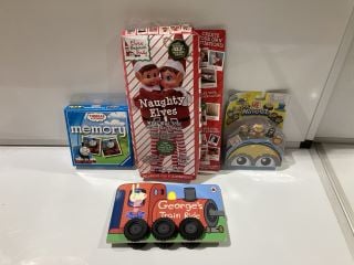 QTY OF ASSORTED ITEMS TO INCLUDE THOMAS AND FRIENDS MEMORY GAME, NERF DINO SQUAD TRICERA-BLASTER FOAM DART GUN