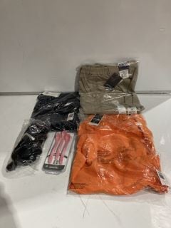 QTY OF ASSORTED ITEMS TO INCLUDE PROPPER MENS TACTICAL PANTS KHAKI 36 X 36, JACK & JONES ORANGE PEEL SHORTS SIZE 46