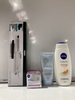 QTY OF ASSORTED BEAUTY PRODUCTS TO INCLUDE PRINCESS COOL CURL WHITE CURLING IRON, NIVEA EXPERT FILLER CELLULAR