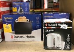 QUANTITY OF KITCHEN & APPLIANCES ITEMS TO INCLUDE RUSSELL HOBBS ELECTRIC 0.85L TRAVEL KETTLE, SMALL & COMPACT, DUAL VOLTAGE, IDEAL FOR ABROAD/CARAVAN/CAMPING, INC 2 CUPS & SPOONS, REMOVABLE WASHABLE