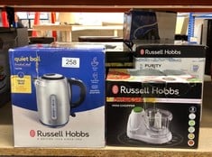 QUANTITY OF KITCHEN & APPLIANCES ITEMS TO INCLUDE RUSSELL HOBBS BRUSHED STAINLESS STEEL ELECTRIC 1.7L CORDLESS KETTLE (QUIET & FAST BOIL 3KW, REMOVABLE WASHABLE ANTI-SCALE FILTER, PUSH BUTTON LID, PE