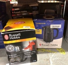 QUANTITY OF KITCHEN & APPLIANCES ITEMS TO INCLUDE RUSSELL HOBBS BRUSHED STAINLESS STEEL ELECTRIC 1.7L CORDLESS KETTLE (QUIET & FAST BOIL 3KW, REMOVABLE WASHABLE ANTI-SCALE FILTER, PUSH BUTTON LID, PE