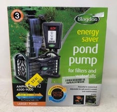 BLAGDON AMPHIBIOUS IQ ENERGY SAVING POND PUMP, FOR FOUNTAIN & WATERFALL, RUN DRY PROTECTION, ADJUSTABLE POWER & FLOW, 4500-9000 LARGE POND, BLACK. RRP £205: LOCATION - TOP 50 RACK