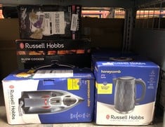 QUANTITY OF KITCHEN & APPLIANCES ITEMS TO INCLUDE RUSSELL HOBBS HONEYCOMB ELECTRIC 1.7L CORDLESS KETTLE (FAST BOIL 3KW, GREY PREMIUM PLASTIC, MATT & HIGH GLOSS FINISH, REMOVABLE WASHABLE ANTI-SCALE F