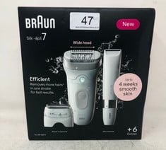 BRAUN SILK-ÉPIL 7, EPILATOR WITH WIDE HEAD FOR EASY HAIR REMOVAL, WET & DRY, LASTING SMOOTH SKIN, WITH LADY SHAVER HEAD & TRIMMER COMB, BODY MINI SHAVER, 7-441, WHITE/SILVER. RRP £190: LOCATION - TOP