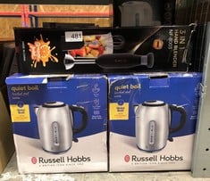 QUANTITY OF KITCHEN & APPLIANCES ITEMS TO INCLUDE RUSSELL HOBBS BRUSHED STAINLESS STEEL ELECTRIC 1.7L CORDLESS KETTLE (QUIET & FAST BOIL 3KW, REMOVABLE WASHABLE ANTI-SCALE FILTER, PUSH BUTTON LID, PE