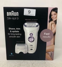 BRAUN SILK-ÉPIL 9 EPILATOR, FOR LONG-LASTING HAIR REMOVAL WITH 40 TWEEZERS, ELECTRIC SHAVER & TRIMMER, COOLING GLOVE, WET & DRY, 100% WATERPROOF, GIFTS FOR WOMEN, 9-710, WHITE, EU PLUG. RRP £ 120: LO