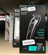 QUANTITY OF HEALTH & BEAUTY ITEMS TO INCLUDE BRAUN BEARD TRIMMER SERIES 3 & HAIR CLIPPERS, 40 LENGTH SETTINGS, RECHARGEABLE 50-MIN CORDLESS RUNTIME, GIFTS FOR MEN, UK 2 PIN PLUG, BT3421, BLACK/VIBRAN